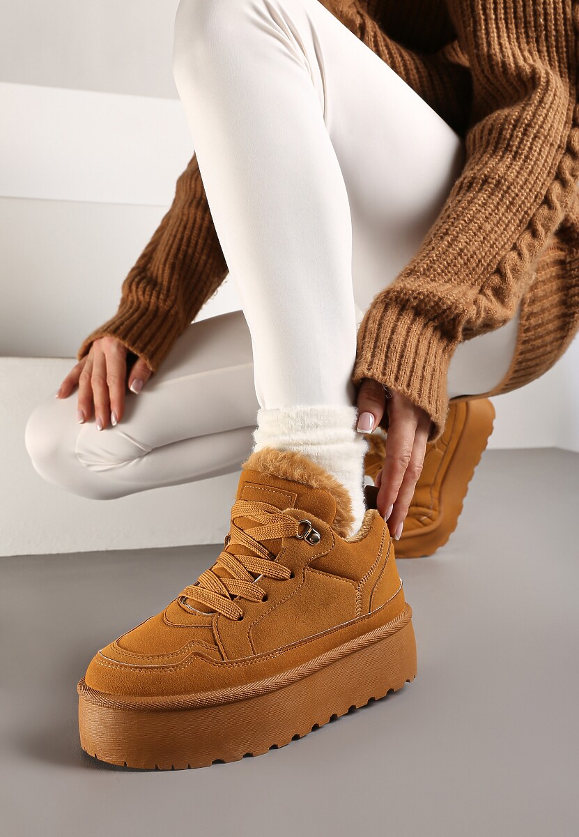 Brązowe Sneakersy Stylizowane na Śniegowce Ozdobione Futerkiem Maviena