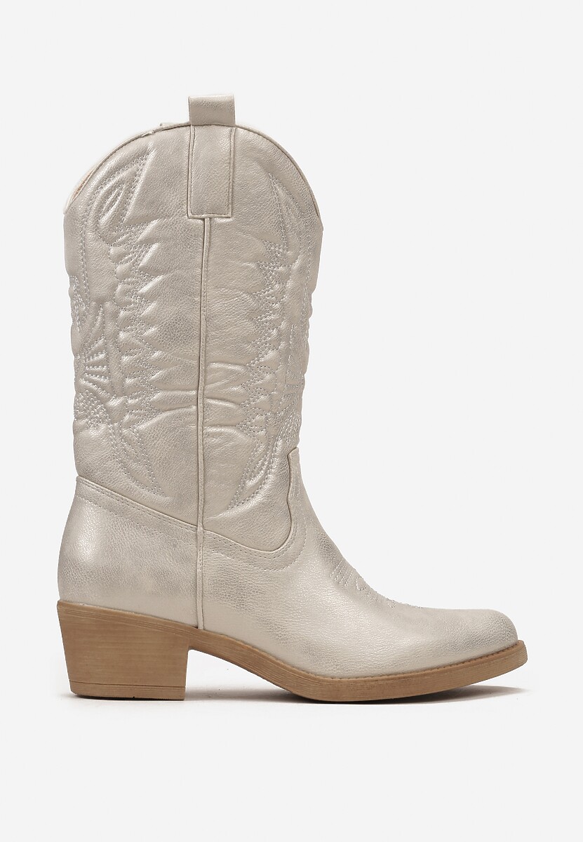 Srebrne Botki Kowbojki na Niskim Słupku z Ozdobnym Haftem Infavia
