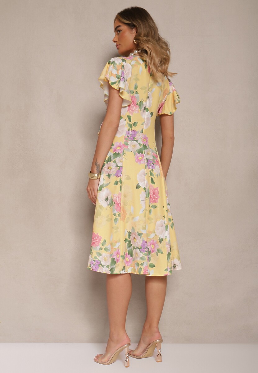 Żółta Kopertowa Sukienka w Kwiaty Atesalia