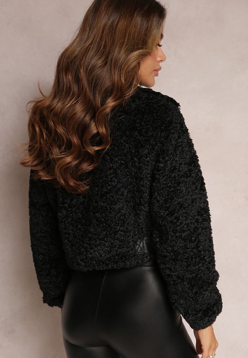 Czarna Kurtka ze Sztucznego Futra w Stylu Baranka z Klamrą i Paskiem Bomica