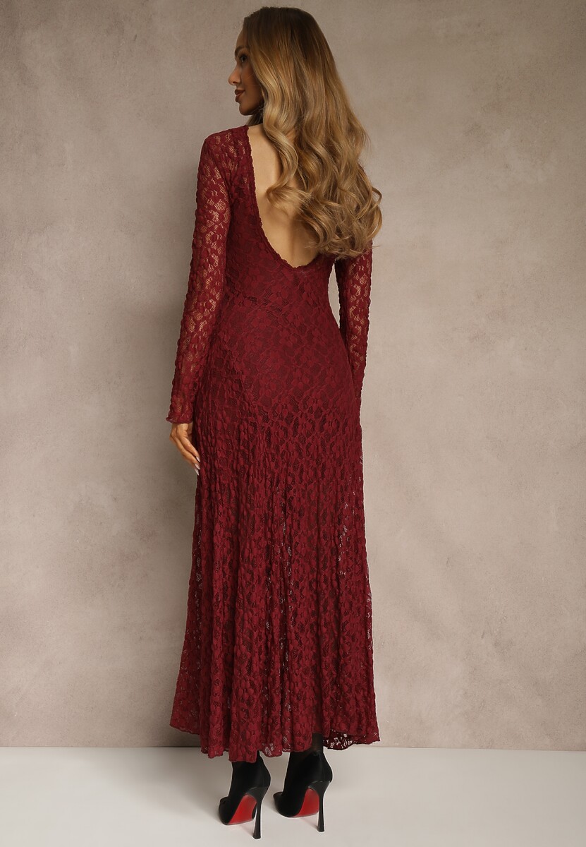 Bordowa Elegancka Sukienka z Koronki z Odkrytymi Plecami Lilafera