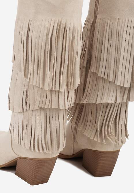 Beżowe Kozaki Kowbojki na Stożku Ozdobione Frędzlami Giolanda