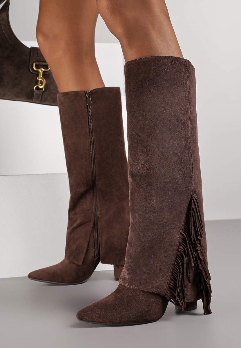 Brązowe Kozaki na Słupkowym Obcasie z Cholewką Imitującą Nogawkę z Frędzlami Linafela