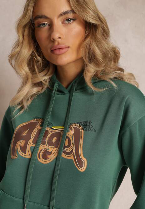 Ciemnozielona Ocieplona Bluza Kangurka z Nadrukiem Pralle