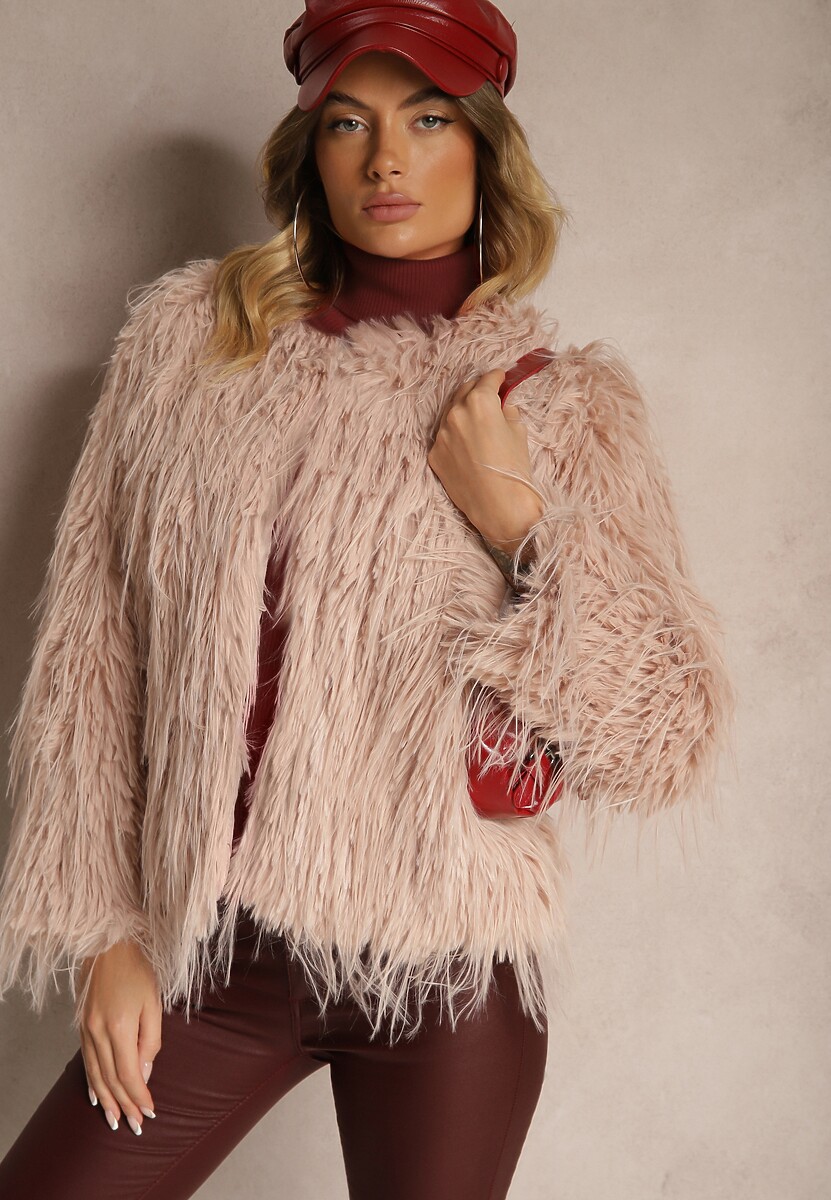 Ciemnoróżowa Futerkowa Kurtka o Prostym Kroju z Zapięciem na Haftki Sialithiel