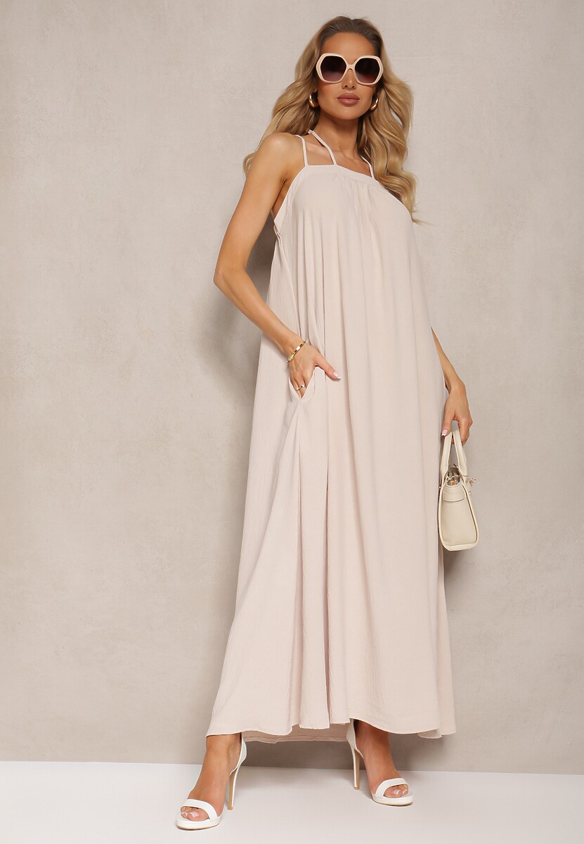 Jasnobeżowa Sukienka z Regulowanymi Ramiączkami i Wiązaniem przy Szyi Qloenma
