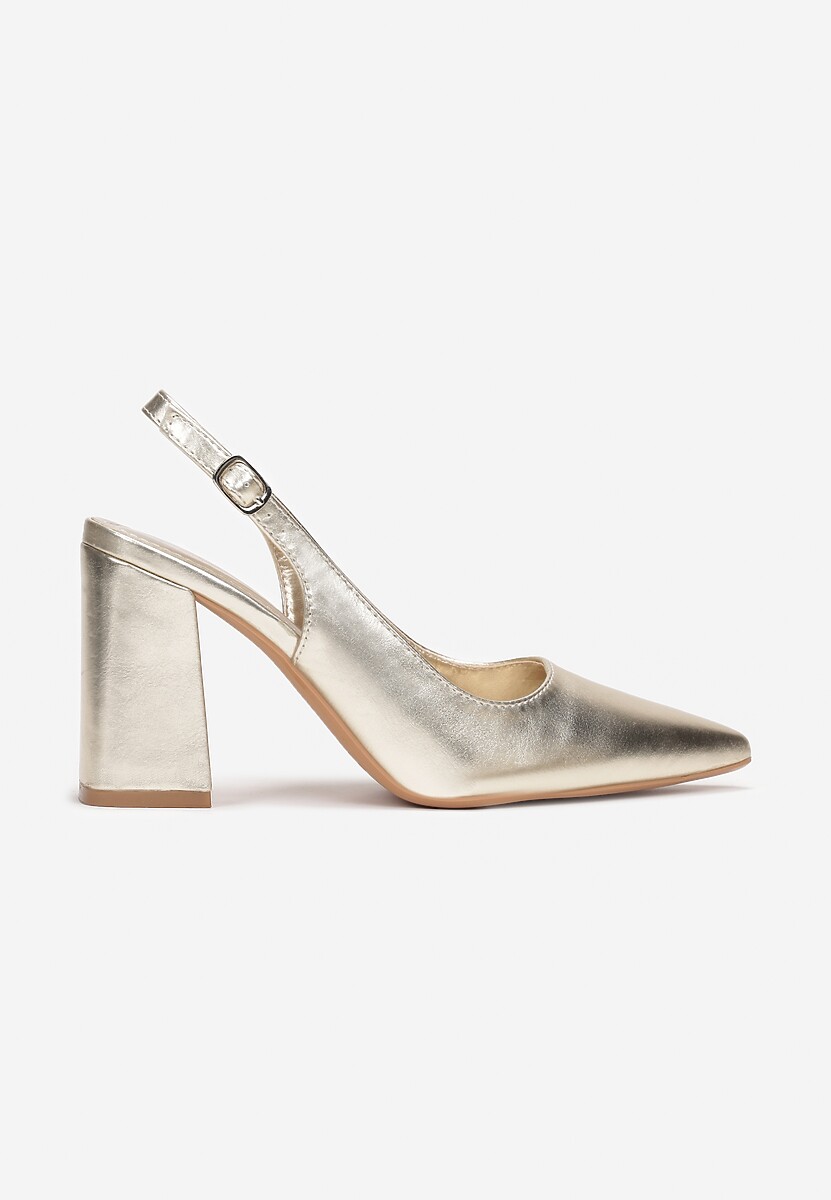 Złote Czółenka ze Szpiczastym Noskiem na Słupku i Odkrytą Piętą Dalanie