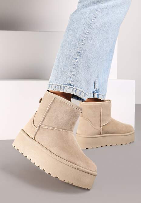 Beżowe Śniegowce za Kostkę na Platformie Ocieplane Futerkiem Divena