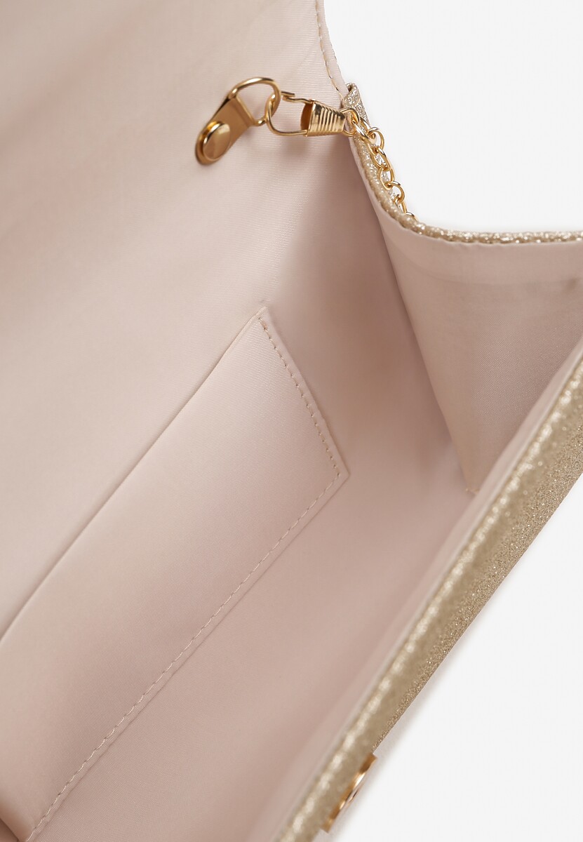 Złota Torebka Kopertówka z Łańcuszkiem Zdobiona Brokatem i Aplikacją Galilena