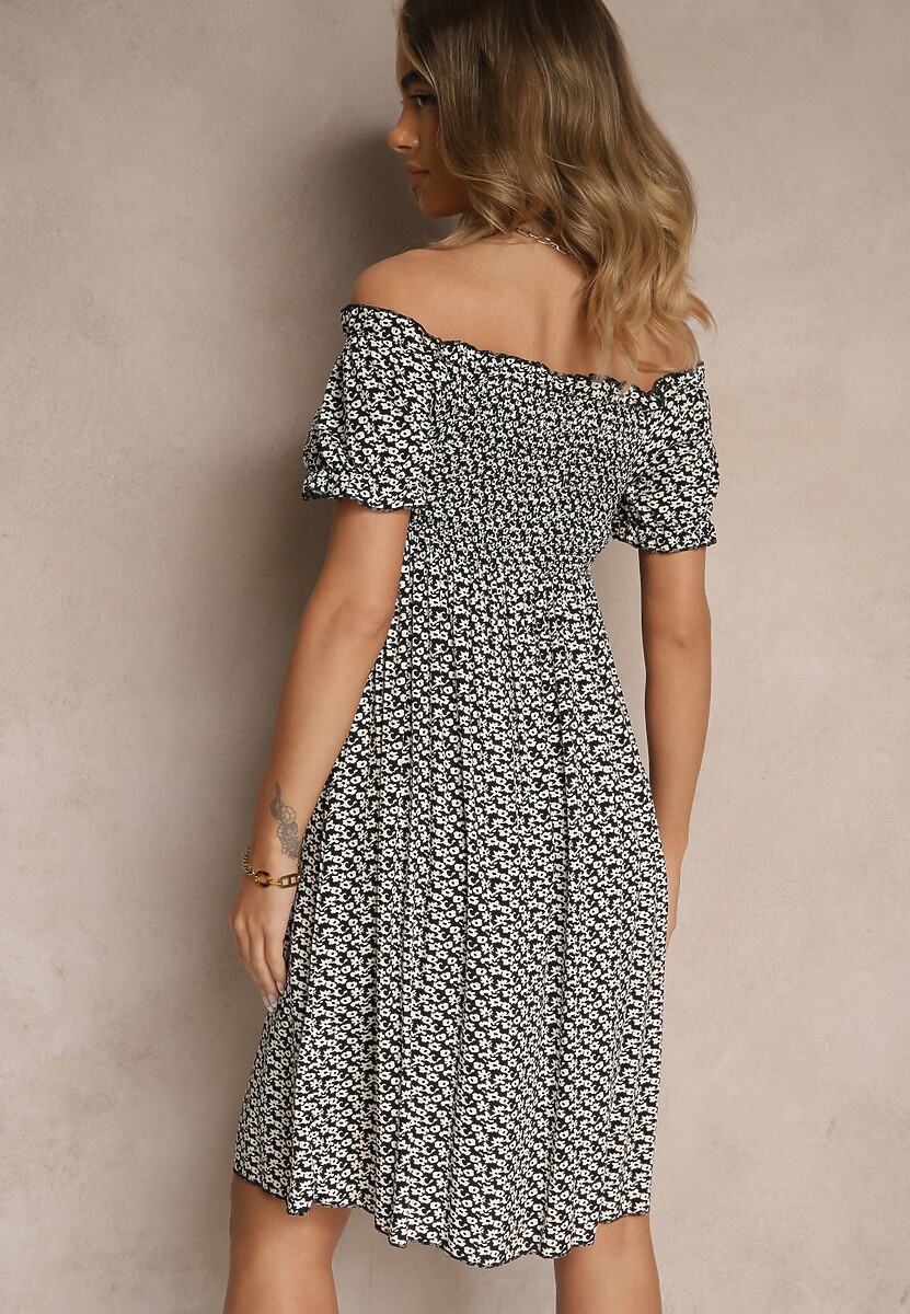 Czarna Sukienka Hiszpanka z Wiskozy z Kwiatowym Wzorem Mevandra