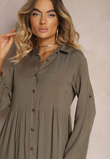 Ciemnozielona Koszulowa Sukienka Maxi z Bawełny Junira