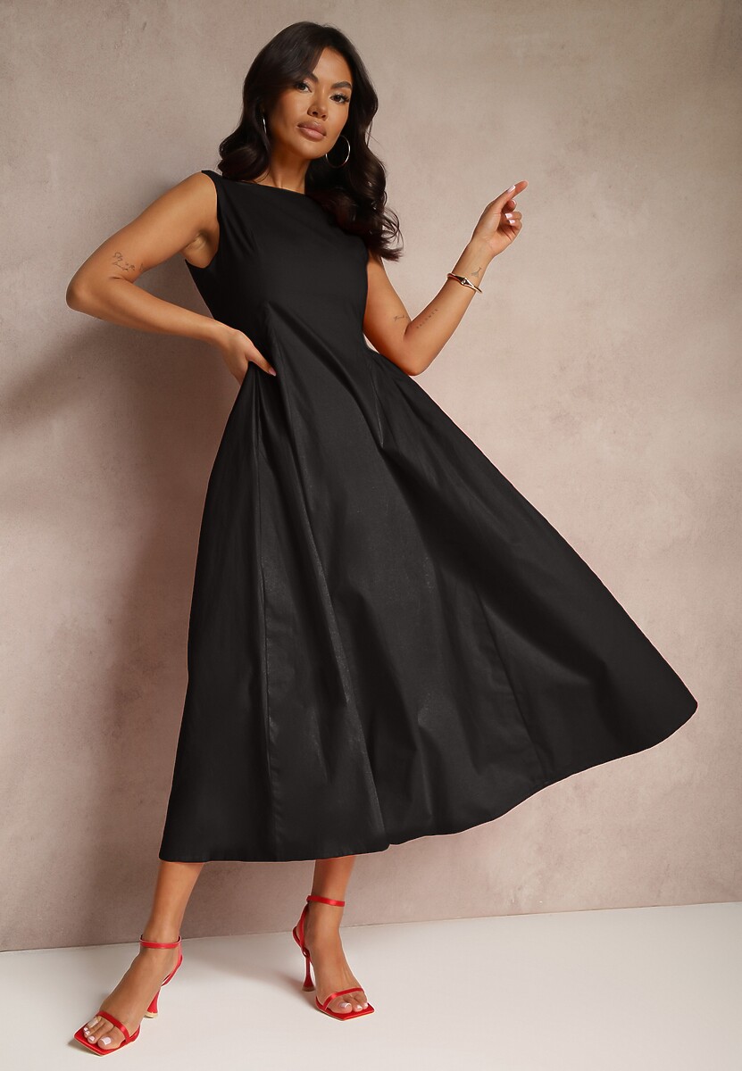 Czarna Rozkloszowana Sukienka Koktajlowa z Bawełny z Dekoltem Łódką i Kieszeniami Fanilra