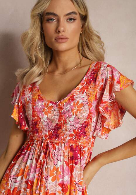 Pomarańczowa Długa Sukienka w Kwiaty z Gumką w Pasie Liumbia