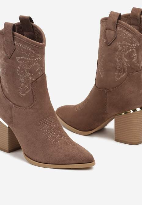 Ciemnobeżowe Ażurowe Botki na Słupku w Kowbojskim Stylu Mevith