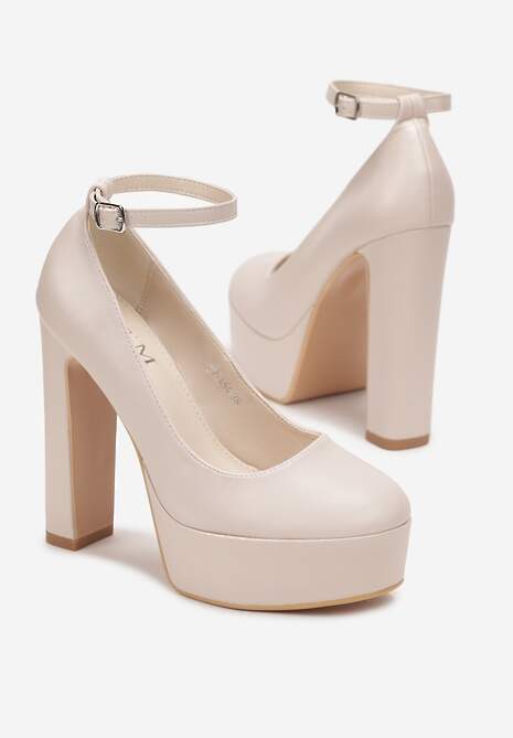 Beżowe Czółenka na Platformie i Słupku z Paskiem Delesa