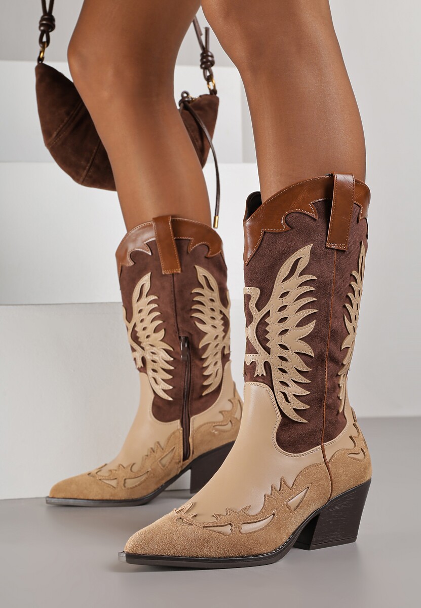 Brązowe Botki Kowbojki na Stożku z Tłoczoną Cholewką Badilora