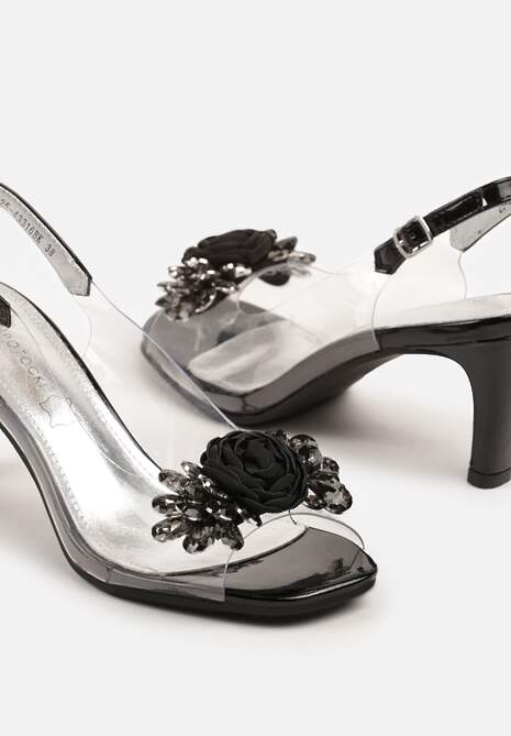 Czarne Transparentne Sandały na Obcasie z Biżuteryjnym Kwiatkiem i Skórzaną Wkładką Dalinda