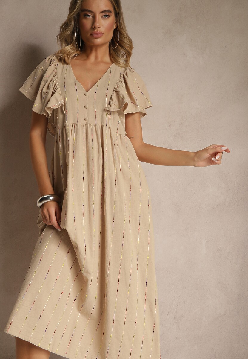 Biała Rozkloszowana Sukienka z Bawełny Zdobiona Falbanami Silonia