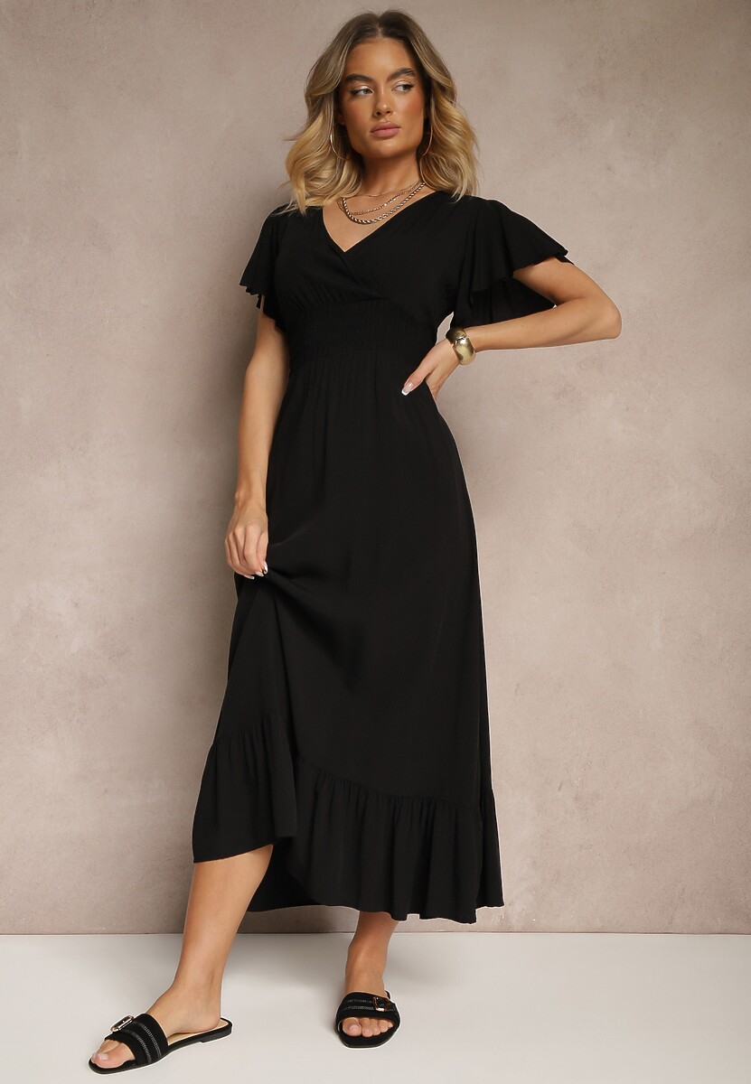 Pomarańczowa Rozkloszowana Sukienka z Wiskozy z Kopertowym Dekoltem Rellrive