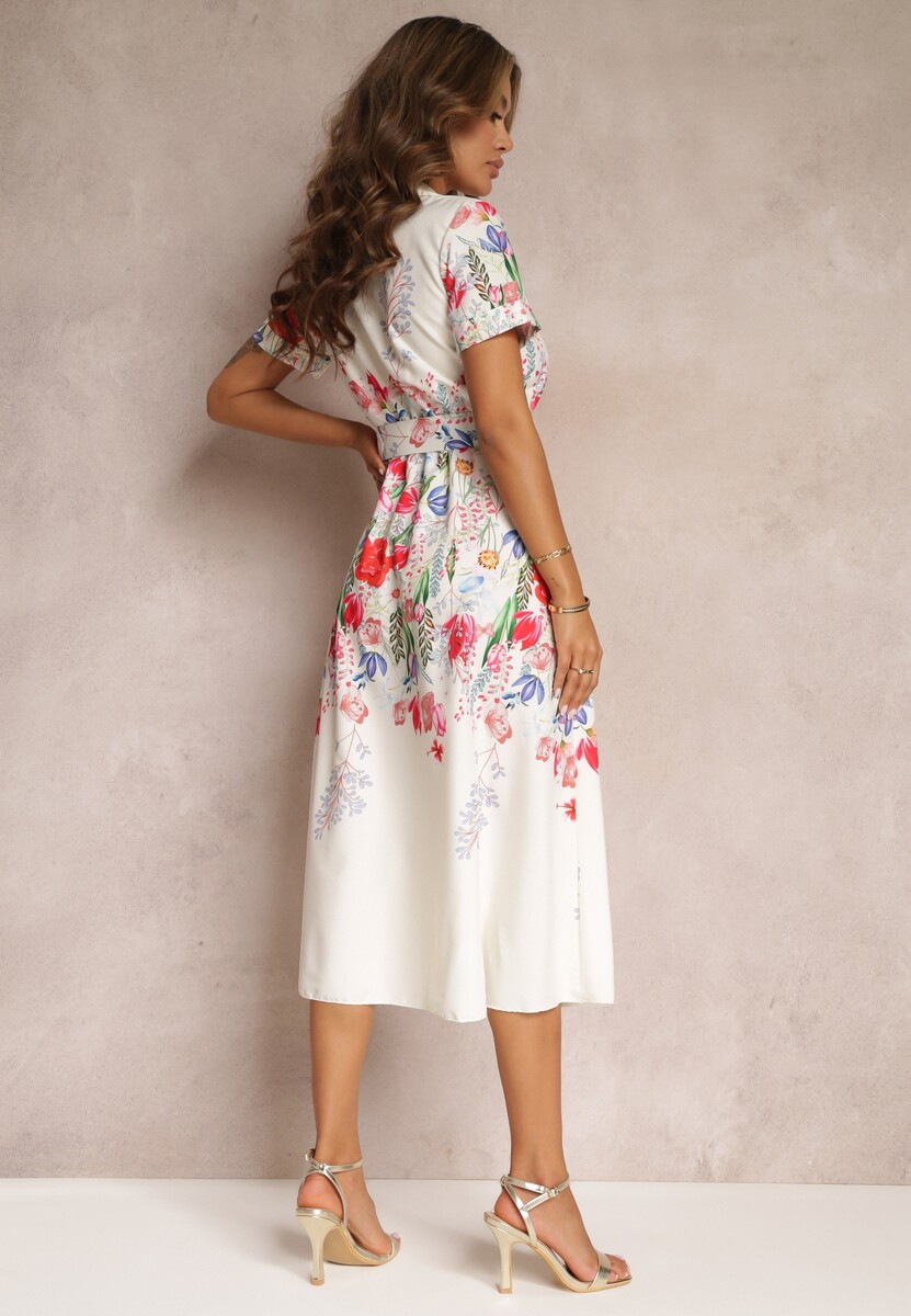 Beżowa Rozkloszowana Sukienka Koszulowa w Kwiaty z Paskiem Iosette