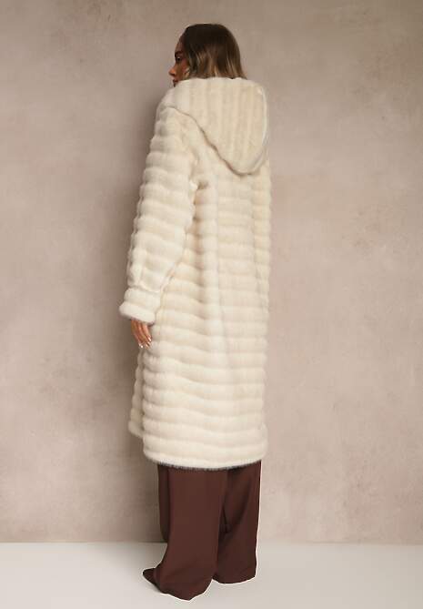 Beżowy Płaszcz Futerko z Ozdobnymi Przeszyciami i Kapturem Esetia