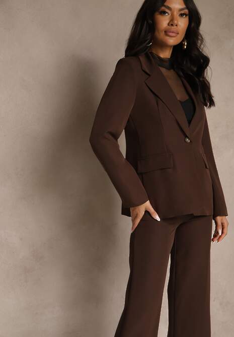 Brązowy Komplet Garniturowy z Wiskozą Spodnie Wide Leg i Marynarka na Guzik Tevrina