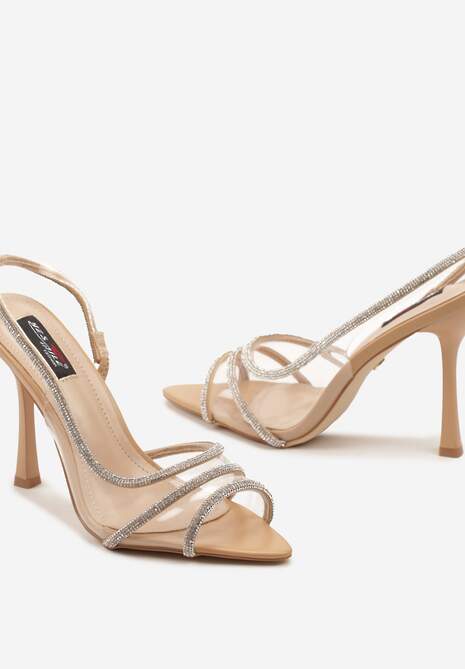 Beżowe Transparentne Sandały na Cienkiej Szpilce Ozdobione Cyrkoniami Glarra