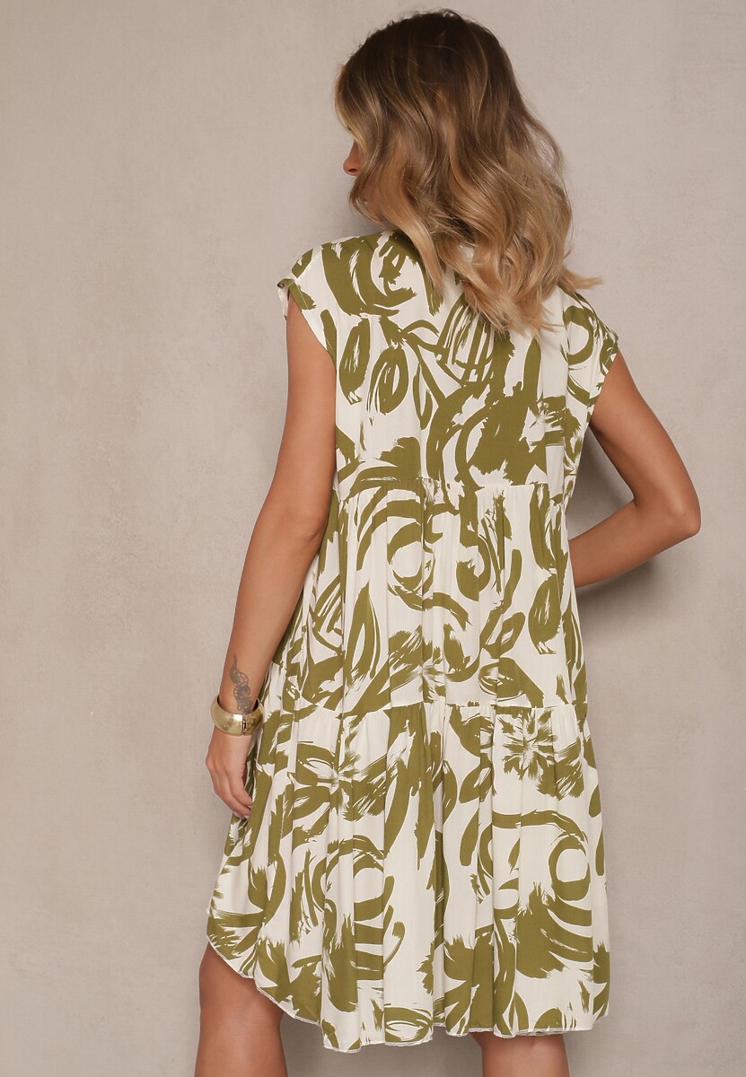 Zielona Sukienka z Bawełny Ozdobiona Abstrakcyjnym Motywem Lisovia