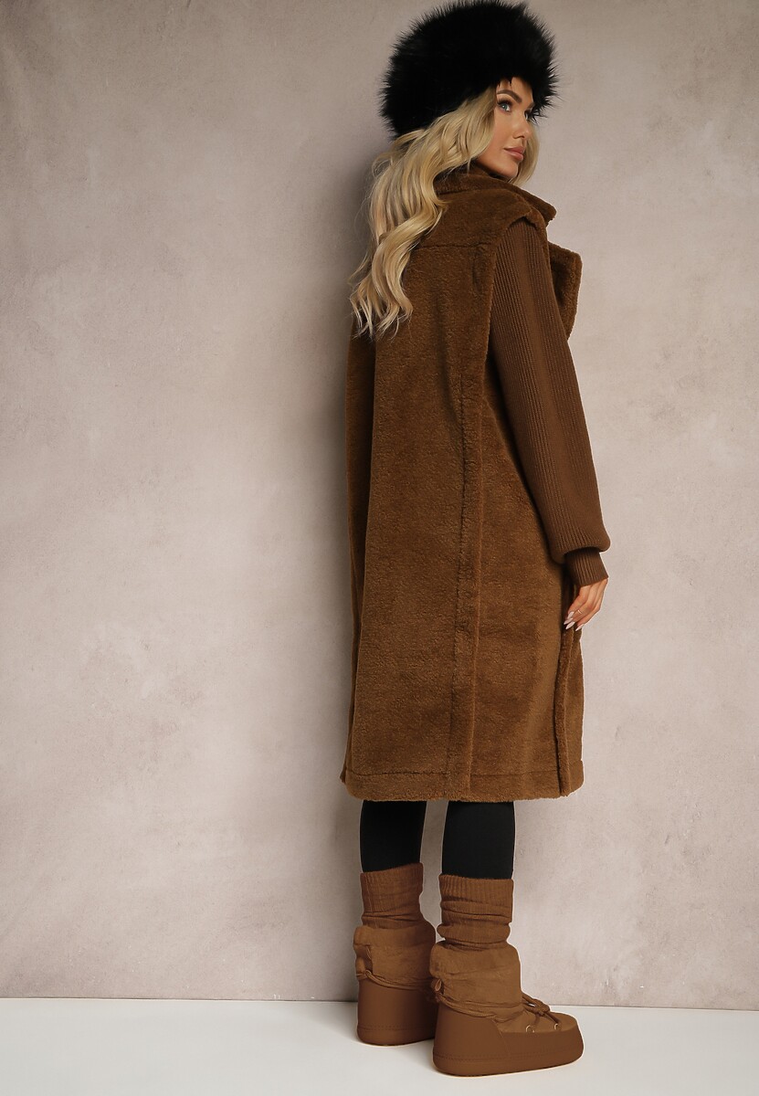 Brązowy Płaszcz Futerko z Rękawami z Dzianiny Ravileth