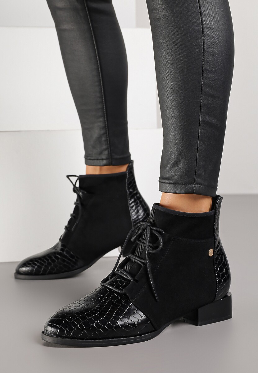 Brązowe Sznurowane Botki do Kostki Vices Zdobione Tłoczeniem Skóry Węża Wedvire