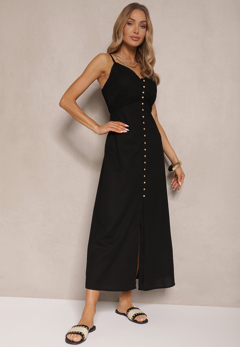 Czarna Rozkloszowana Sukienka z Bawełny z Guzikami i Regulowanymi Ramiączkami Lorbia