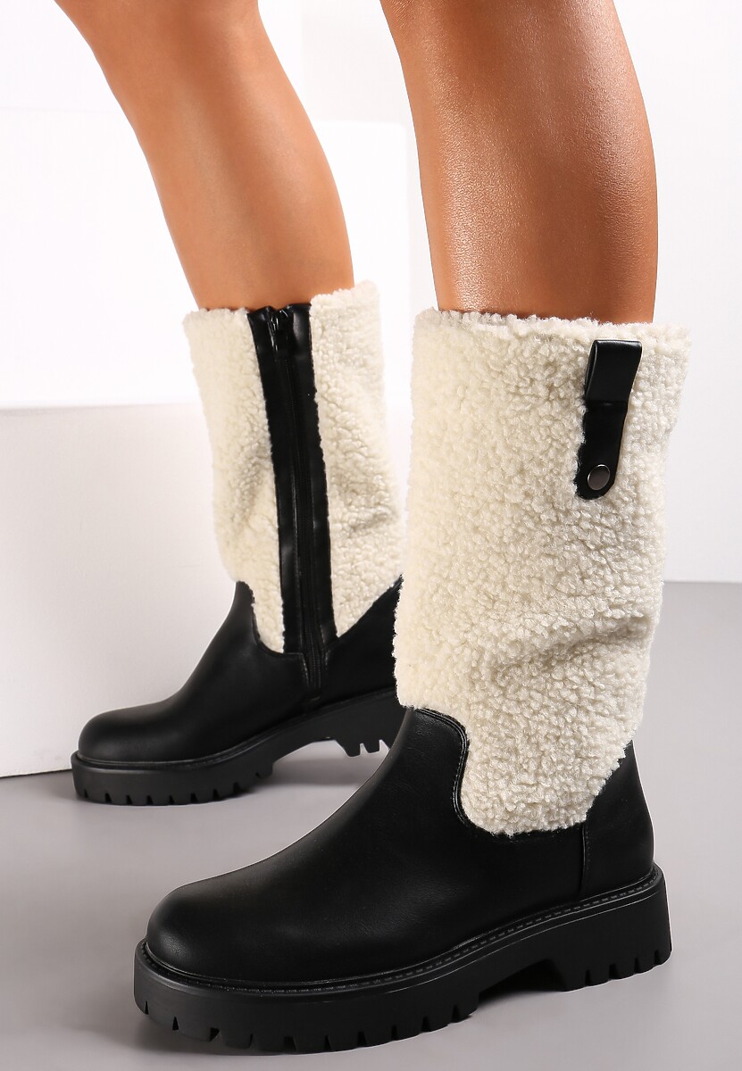 Czarne Płaskie Botki z Cholewką z Ciepłego Kożuszka Cirillo