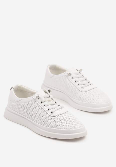Białe Sneakersy Skórzane z Perforacją i Ozdobą Neorielina