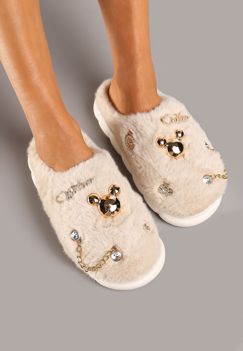 Białe Kapcie na Płaskiej Podeszwie z Futerkiem Ozdobione Łańcuszkiem i Cyrkoniami Reanivia