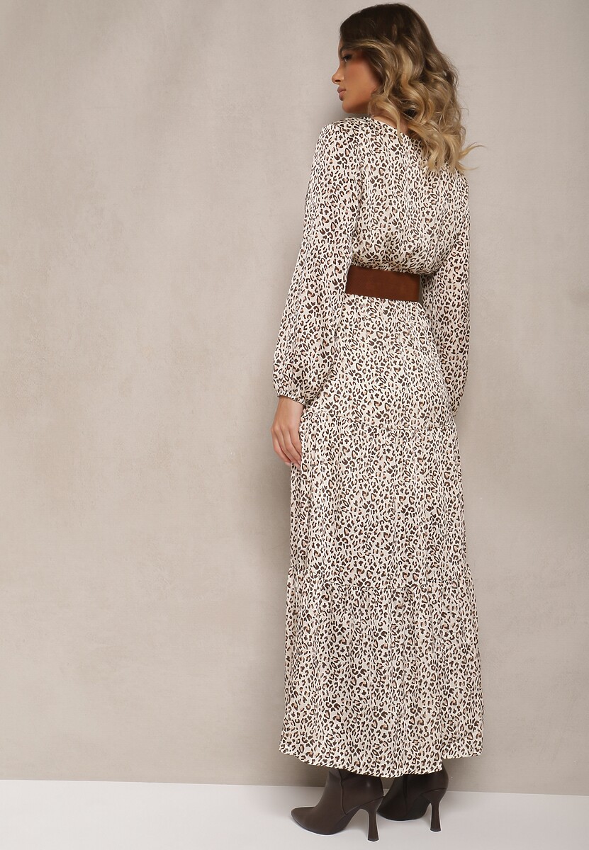 Brązowa Kopertowa Sukienka w Panterkę o Rozkloszowanym Kroju Ozdobiona Paskiem z Klamrą Rinalia