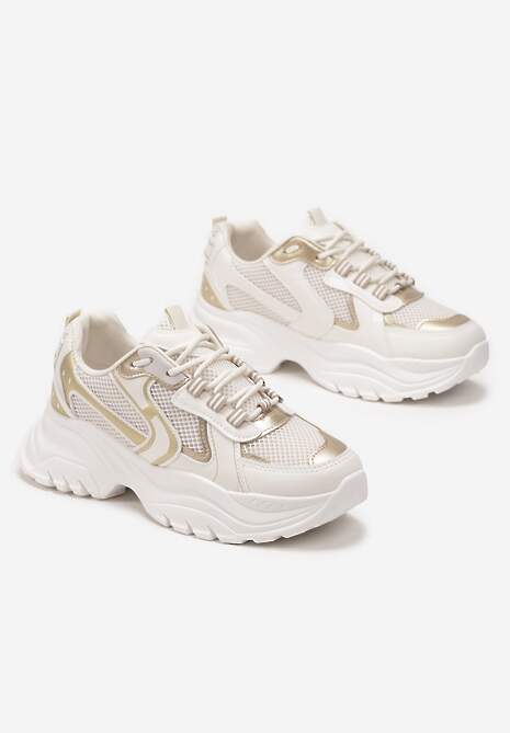 Beżowe Sneakersy z Przeszyciami i Wstawkami z Metalicznej Ekoskóry Tineal