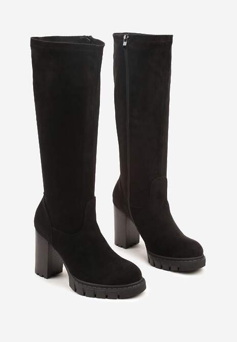 Czarne Kozaki z Imitacji Zamszu na Obcasie Typu Słupek Rilaresa