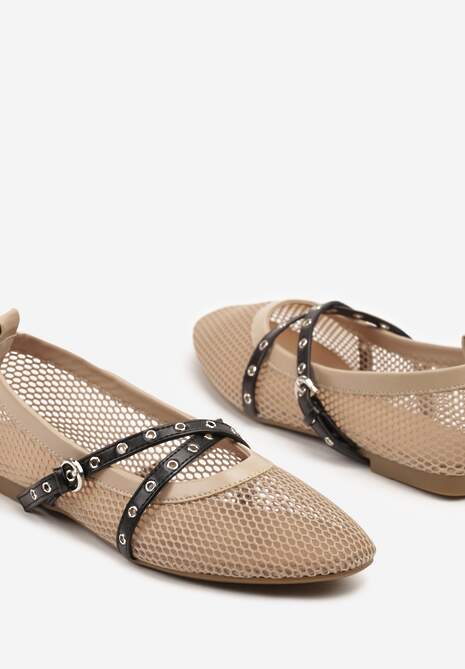 Beżowe Balerinki z Siateczki w Stylu Mary Jane z Podwójnym Paskiem Felritia