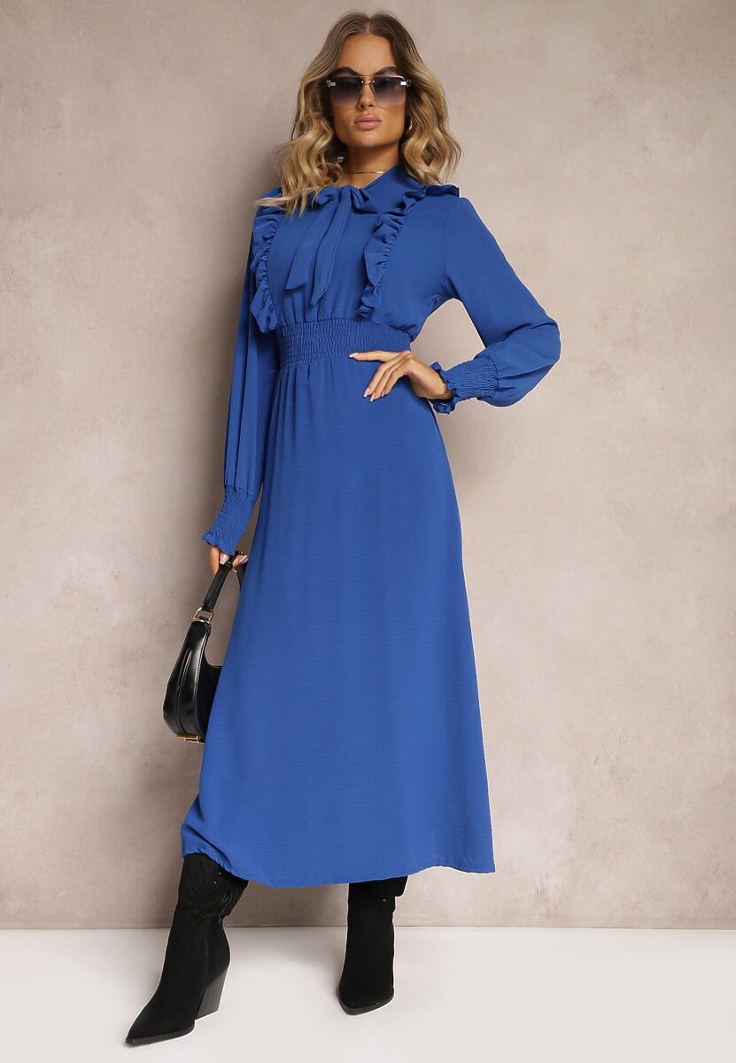 Granatowa Maxi Sukienka Rozkloszowana z Falbankami i Wiązaniem przy Dekolcie Pallam