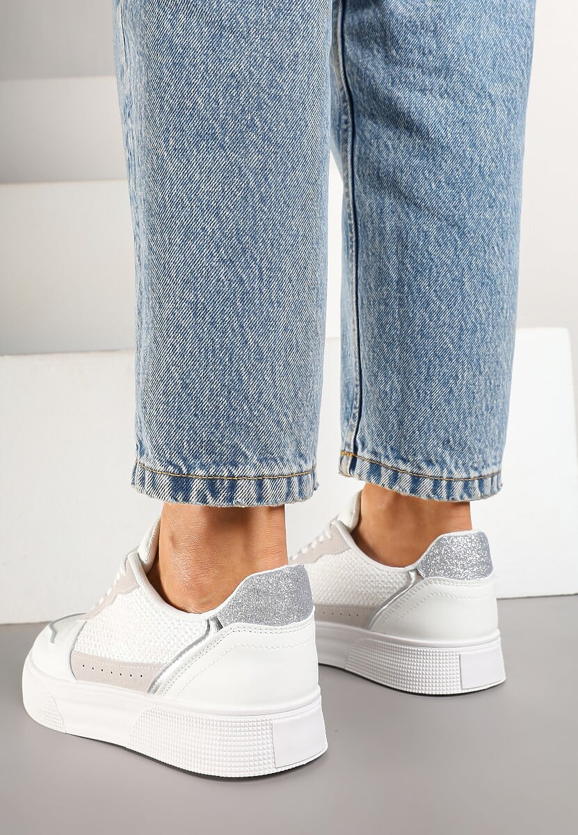 Białe Sneakersy na Platformie Ozdobione Plecionką Perforacją i Brokatem Tulreia