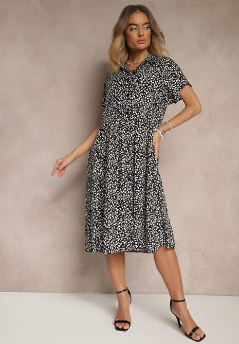 Czarno-Biała Koszulowa Sukienka z Bawełny w Kwiaty o Rozkloszowanym Fasonie Sarilon