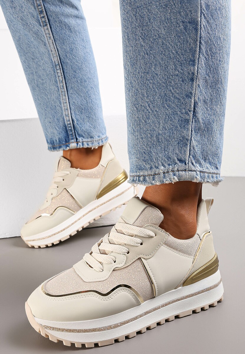 Beżowe Sneakersy z Cholewką przed Kostkę Ozdobione Brokatem Telse