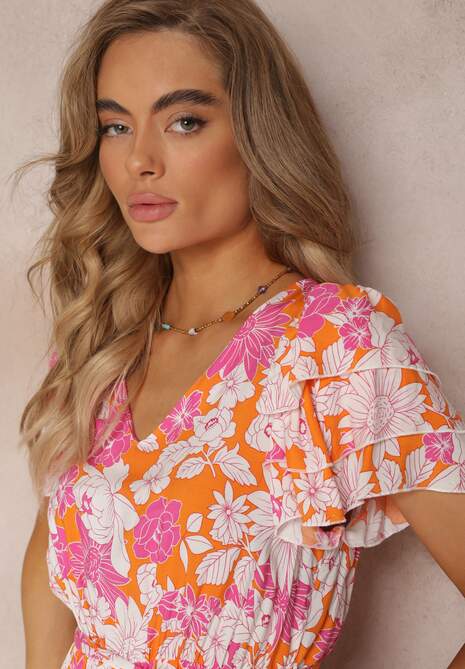 Pomarańczowa Sukienka z Wiskozy w Kwiaty z Wiązanym Paskiem Malore