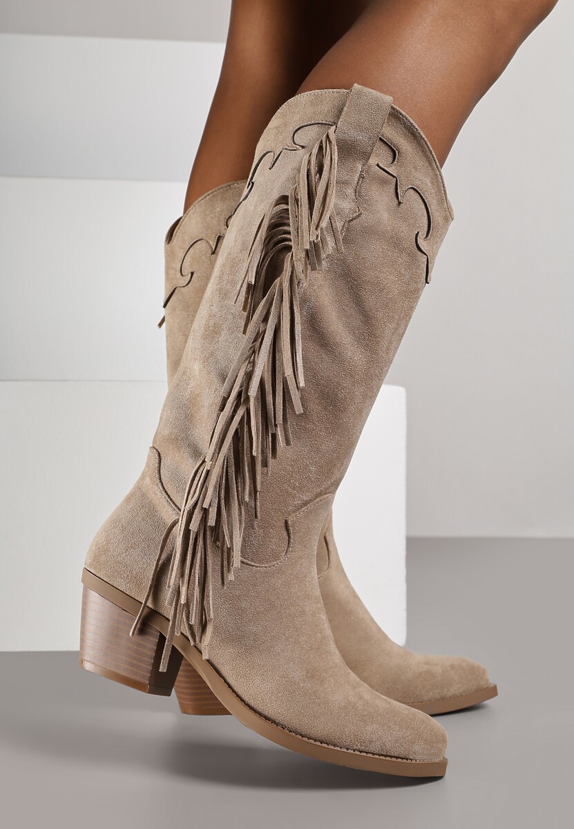 Ciemnobeżowe Kozaki Kowbojki na Stożku Ozdobione Frędzlami Reianeva