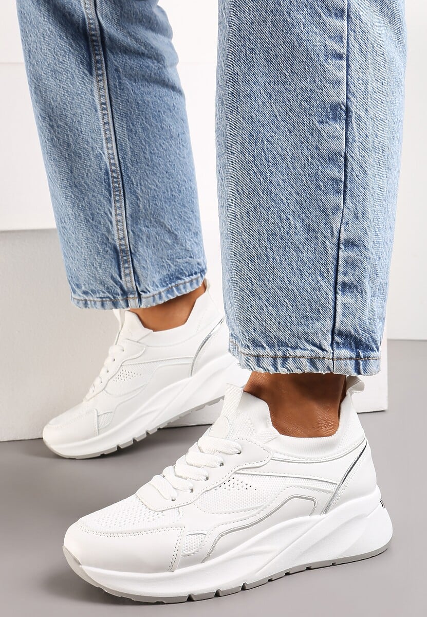 Białe Sznurowane Sneakersy na Grubej Podeszwie z Błyszczącymi Wstawkami Nithirela