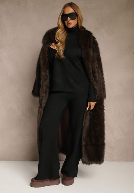 Czarny Komplet Dzianinowy z Wełną i Bawełną Szerokie Spodnie i Golf Lennria