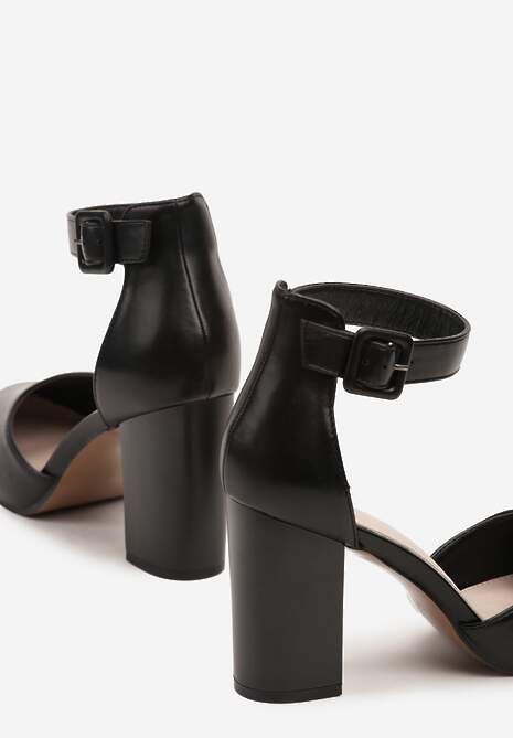 Czarne Czółenka na Obcasie Typu Słupek ze Skóry Ekologicznej ze Skórzaną Wkładką i Paseczkiem Wokół Kostki Belandria