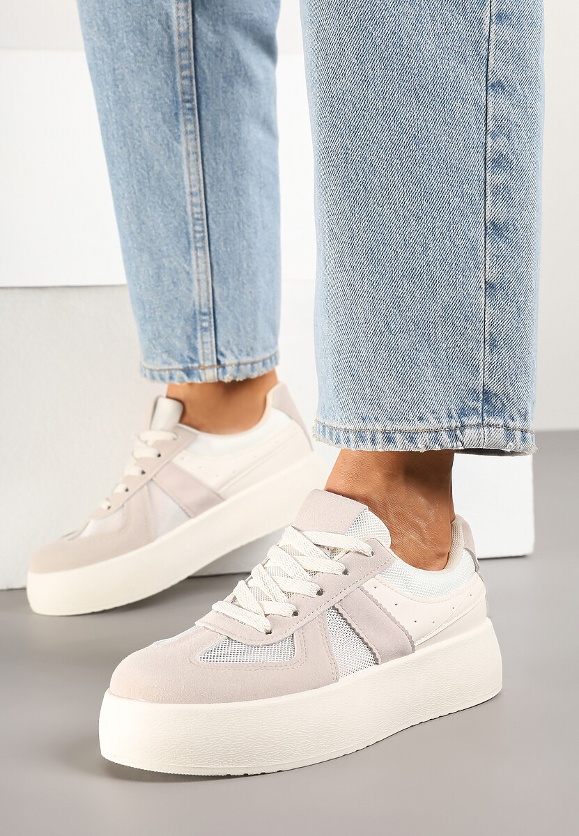 Beżowe Sneakersy Typu Kultowe Tenisówki na Grubej Podeszwie Nanessa