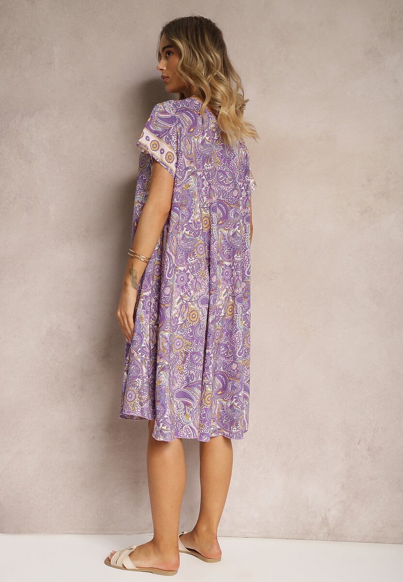 Fioletowa Sukienka Boho z Wiskozy z Cienkim Paskiem w Talii Rivasea