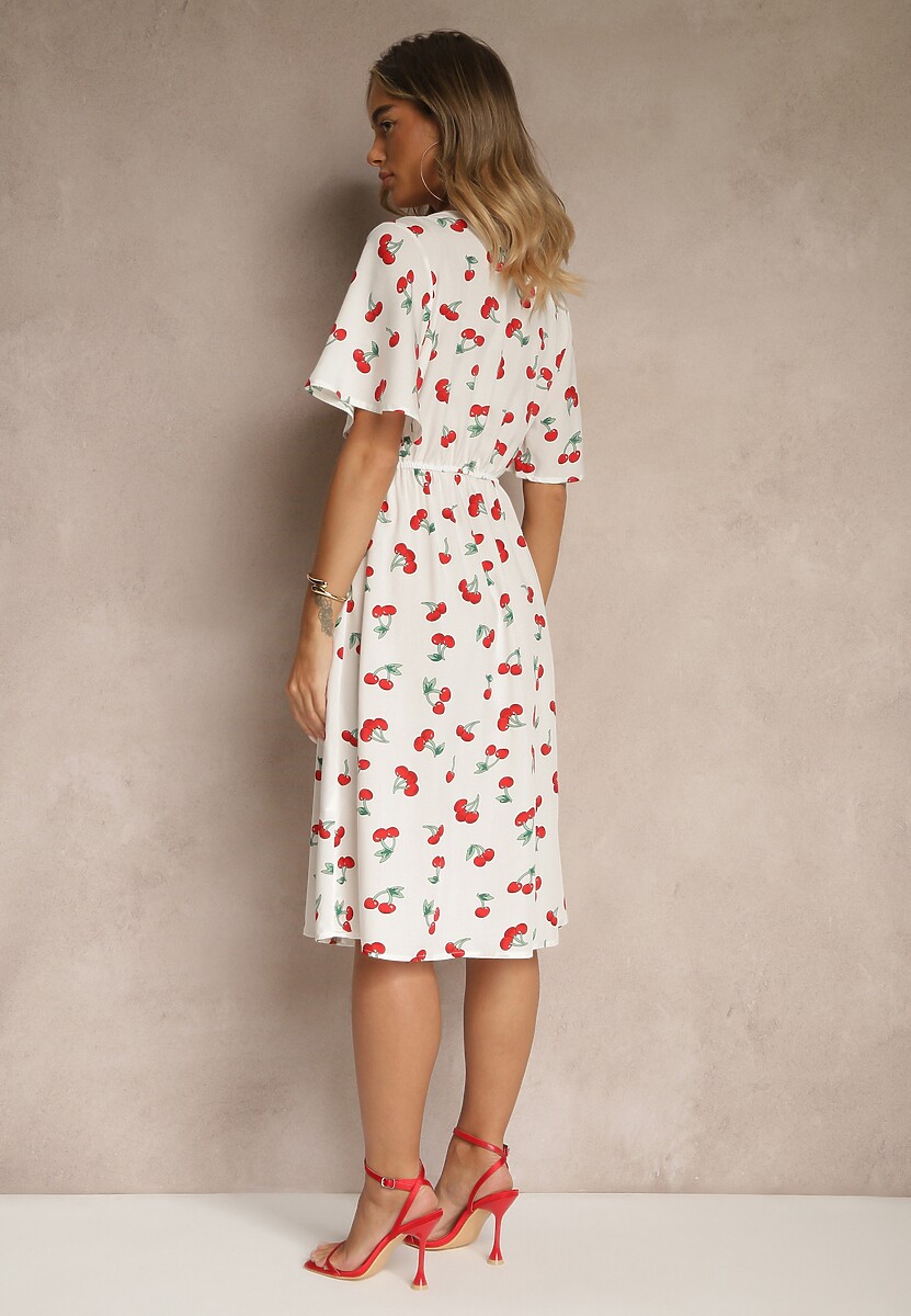 Biała Rozkloszowana Sukienka z Bawełny Zdobiona Printem w Wisienki Folenea